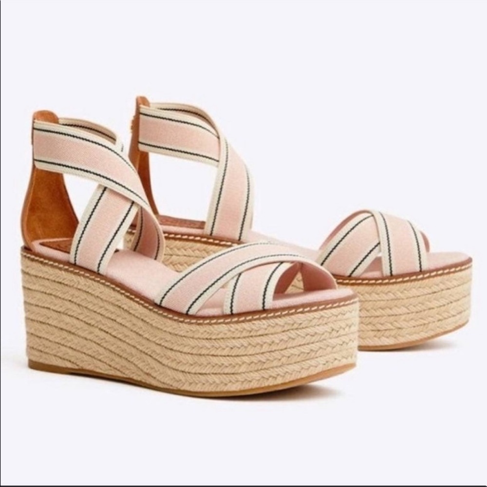 Tory Burch Frieda Espadrille -Stretch Webbing /Calf Leather &Strap Wedge Sandal - Picture 14 of 16